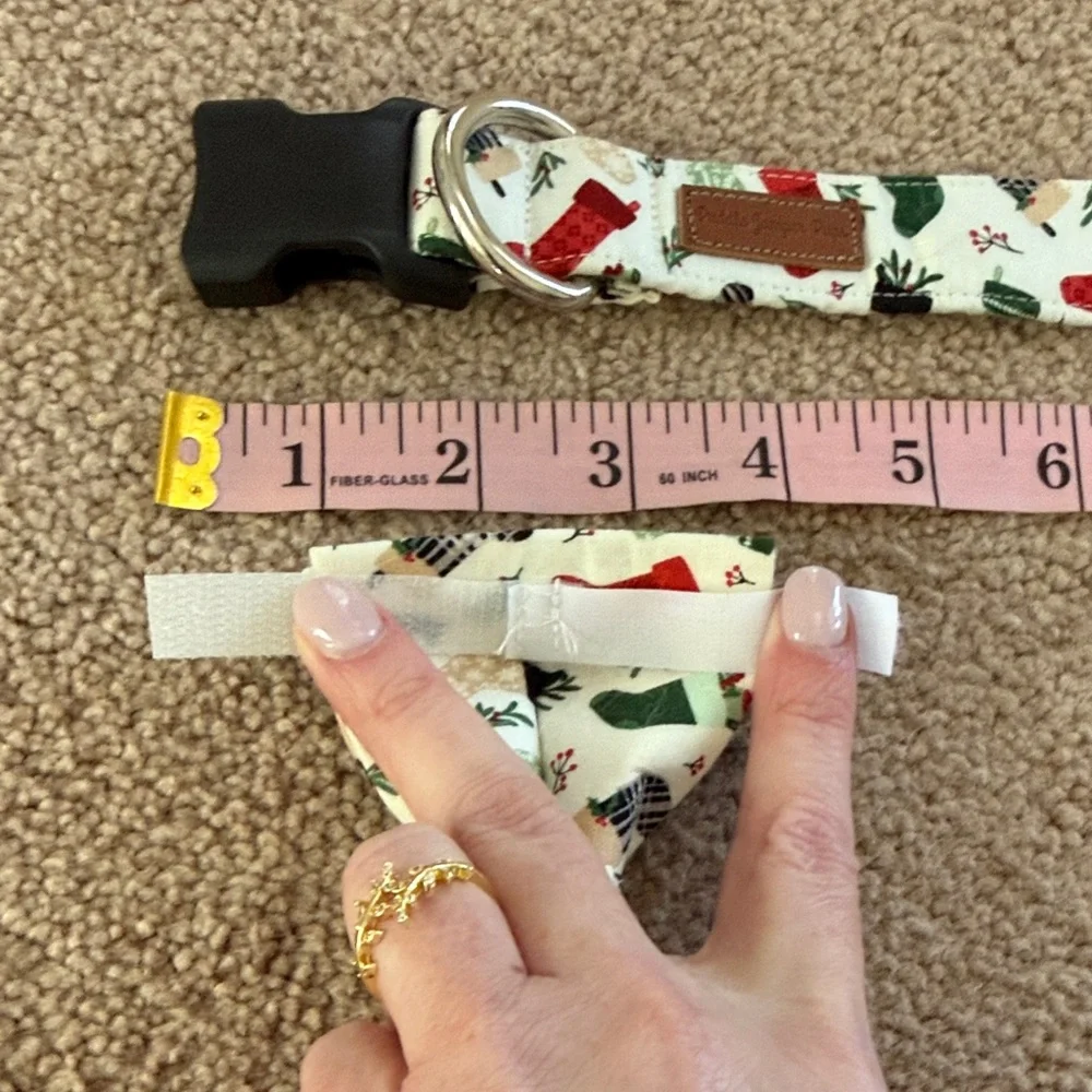 Holiday Cream Bow Tie Dog Collar with Red & Green Stocking Print